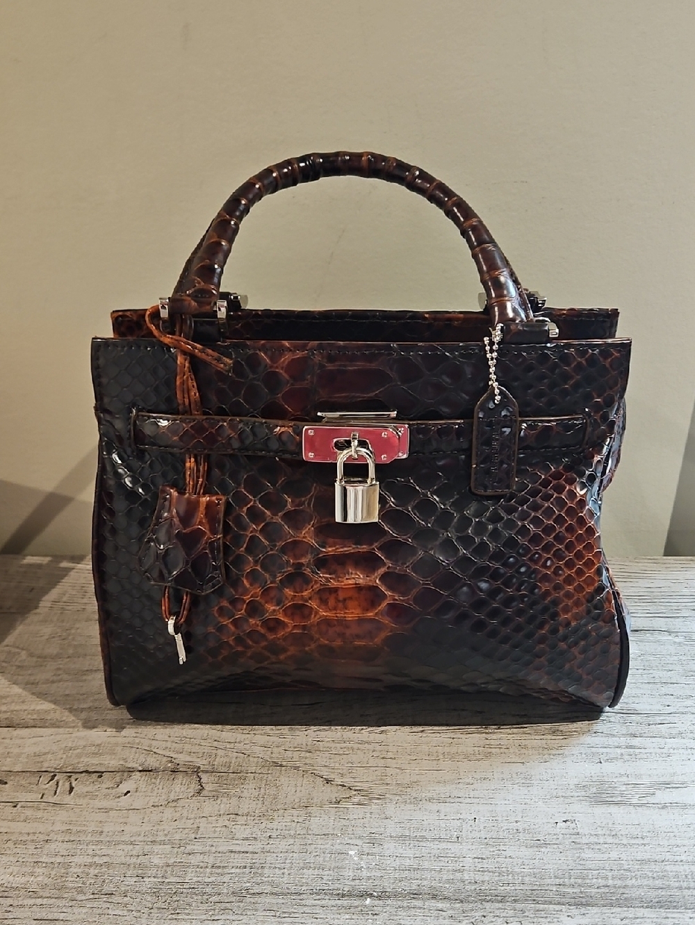 DANIER Croc-Embossed Brown Satchel with Silver Lock And Key